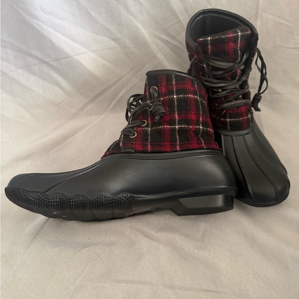 Seven7 Black and Red Plaid Waterproof Lace-Up Winter Duck Boots